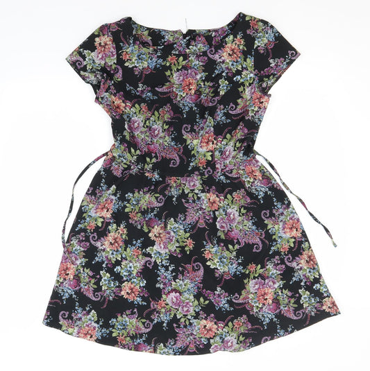 Front view of New Look women’s black floral polyester a-line, size UK 12, round neck