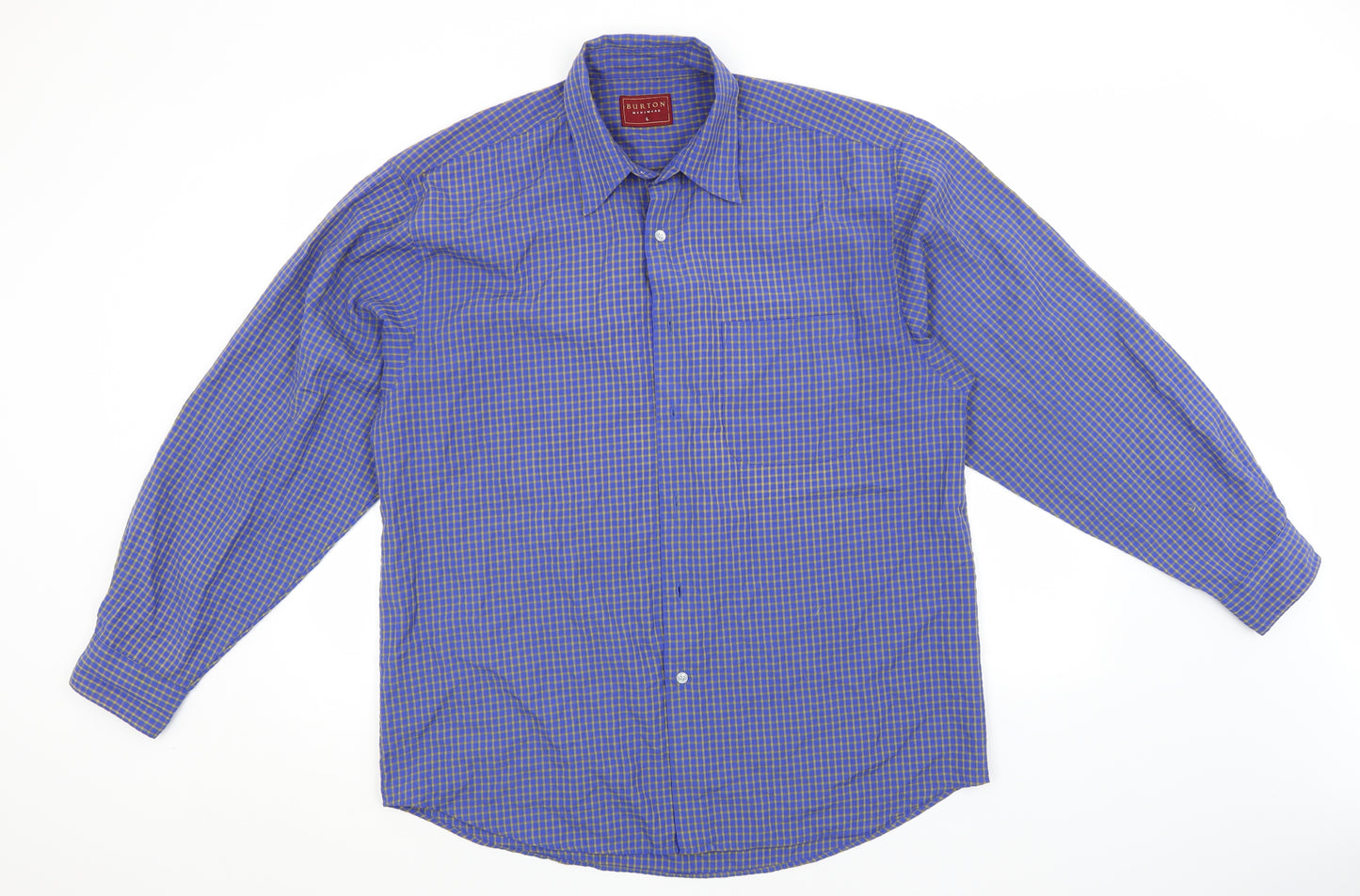 Burton Mens Blue Check Polyester  Button-Up Size L Collared