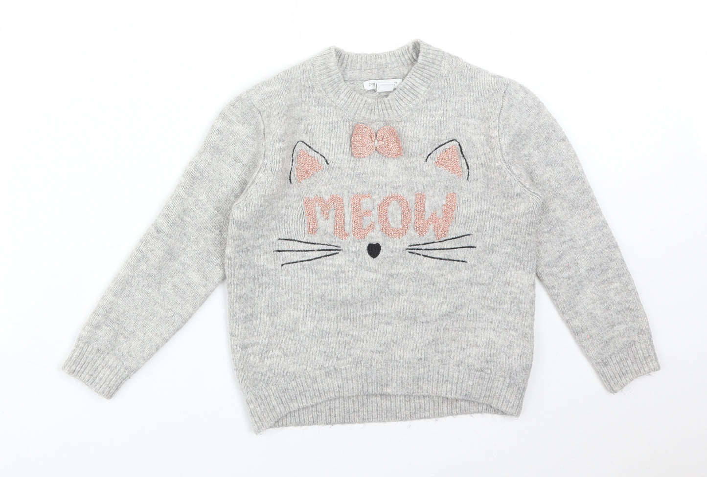 Primark Girls Grey  Acrylic Basic T-Shirt Size 6-7 Years Round Neck  - MEOW