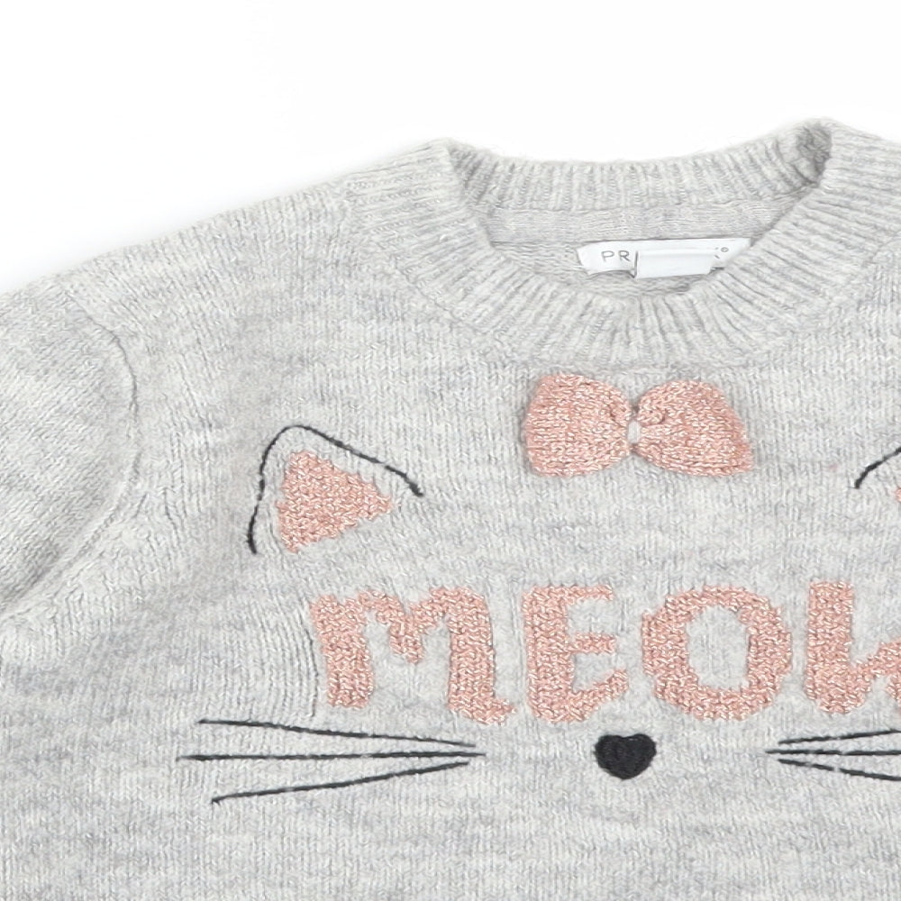 Primark Girls Grey  Acrylic Basic T-Shirt Size 6-7 Years Round Neck  - MEOW