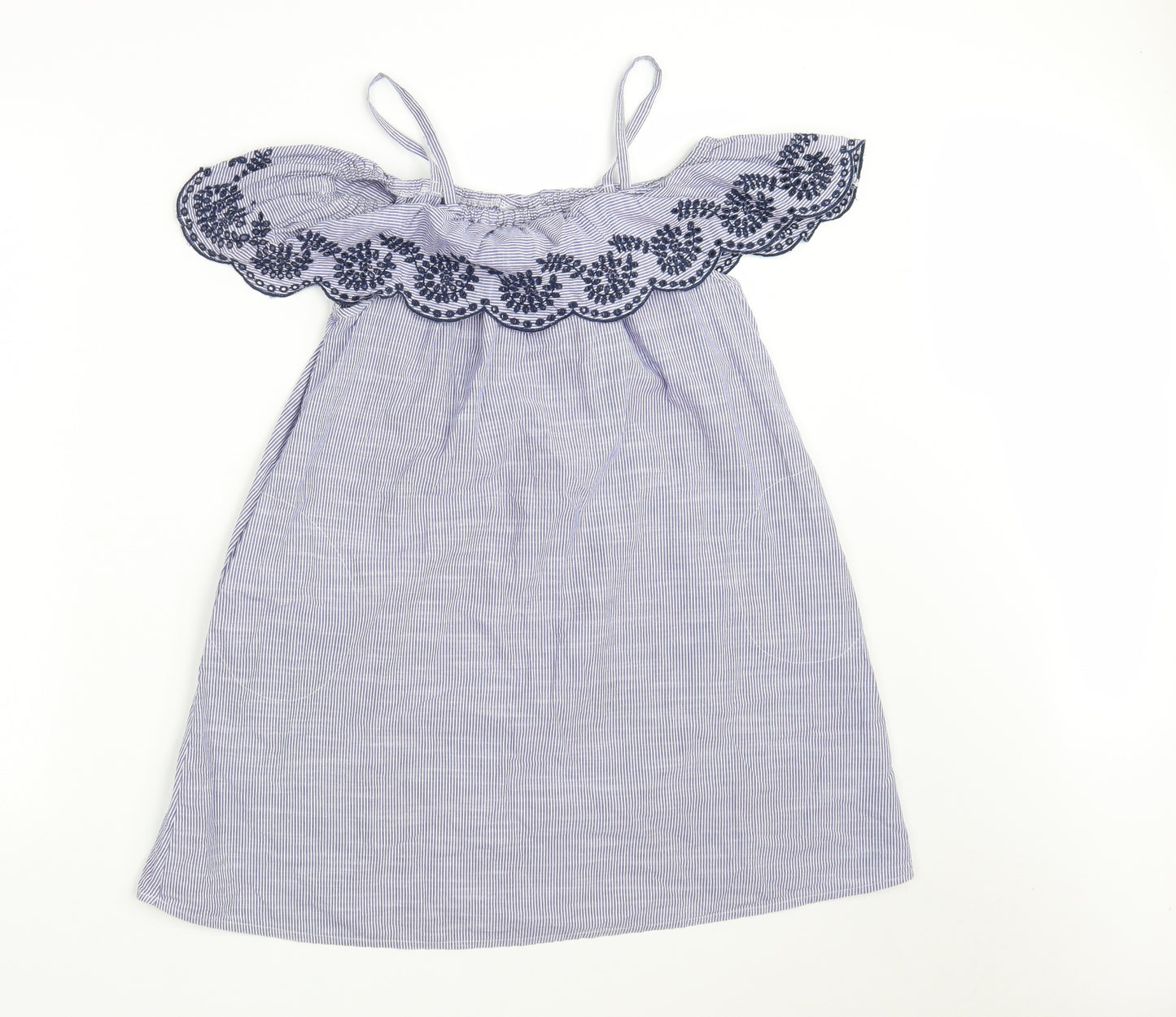 Matalan Girls Blue Striped 100% Cotton A-Line  Size 12 Years  Boat Neck