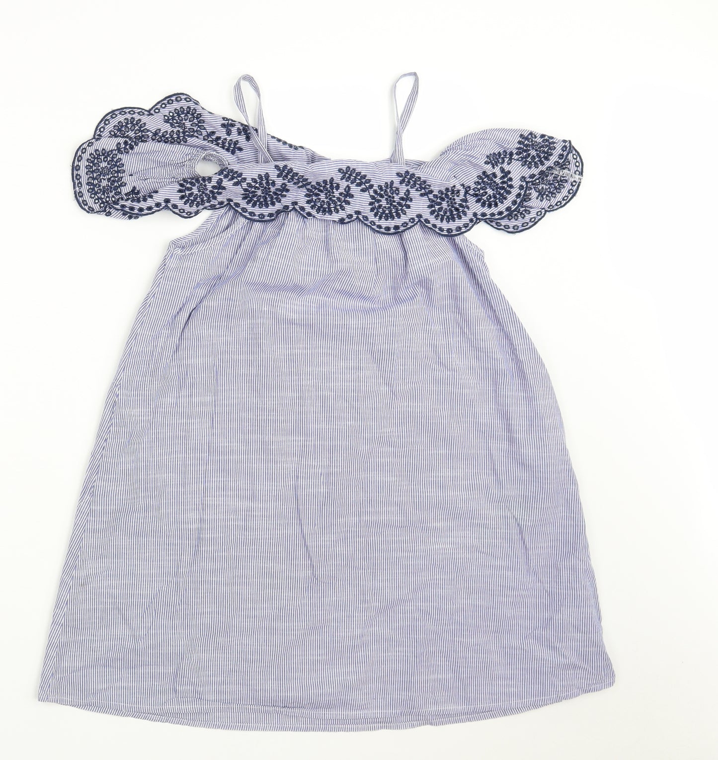 Matalan Girls Blue Striped 100% Cotton A-Line  Size 12 Years  Boat Neck