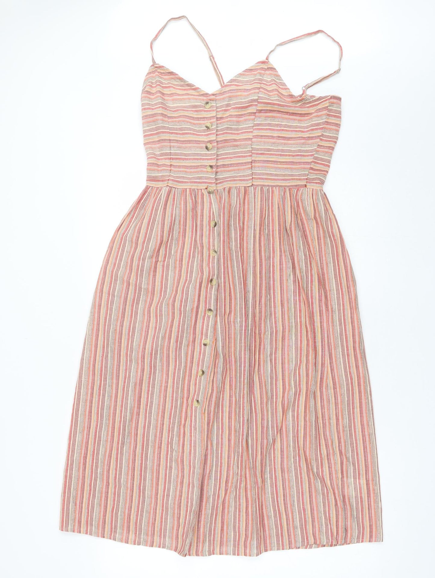 Earth Angel Womens Orange Striped Cotton Skater Dress  Size S  V-Neck