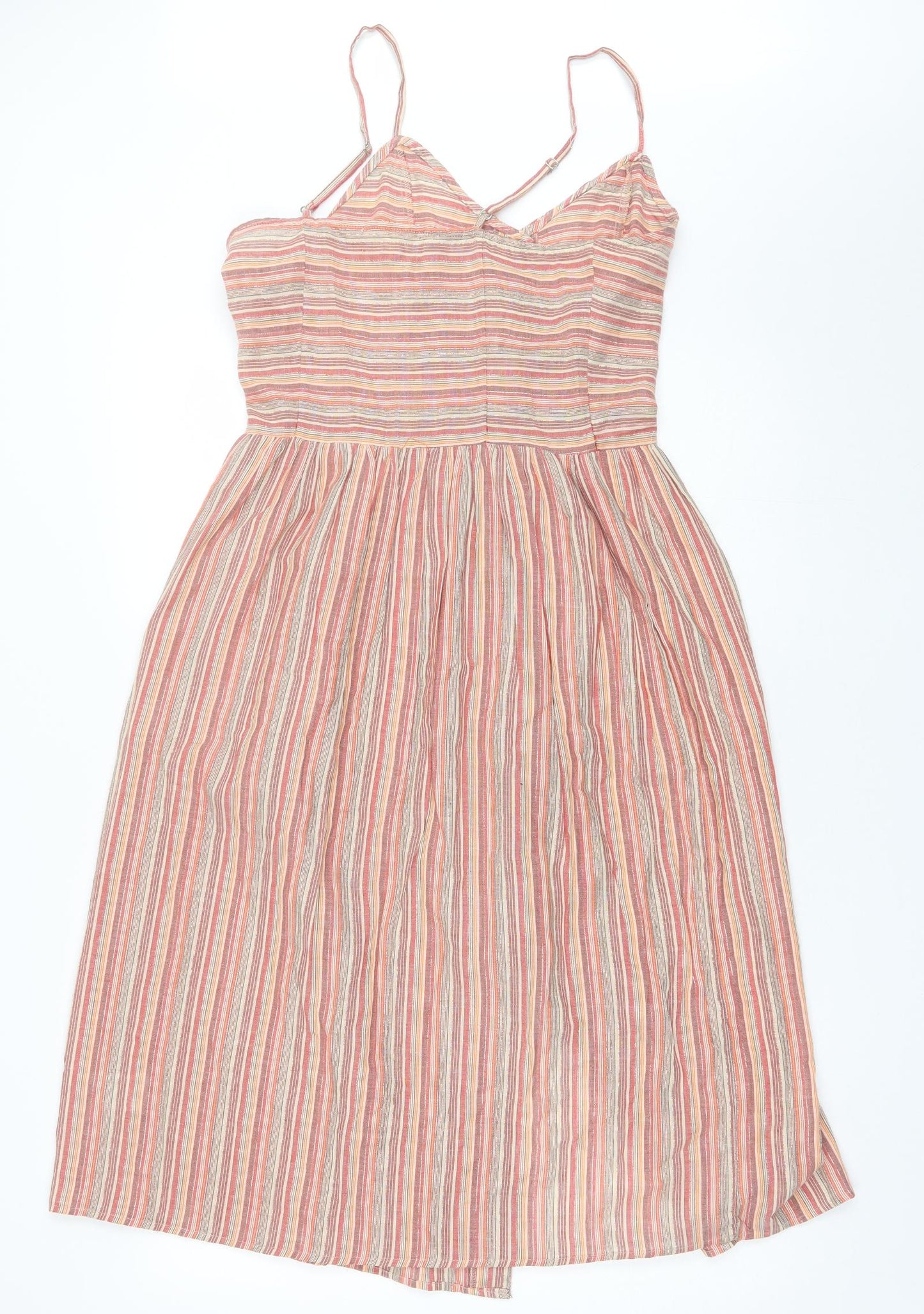 Earth Angel Womens Orange Striped Cotton Skater Dress  Size S  V-Neck