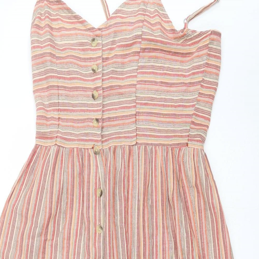 Earth Angel Womens Orange Striped Cotton Skater Dress  Size S  V-Neck