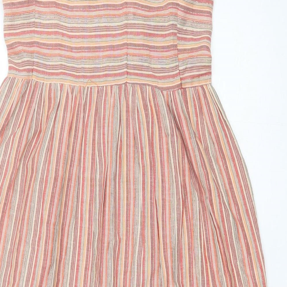 Earth Angel Womens Orange Striped Cotton Skater Dress  Size S  V-Neck