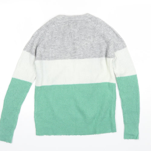 Papaya Womens Green Round Neck Striped Acrylic Pullover Jumper Size S