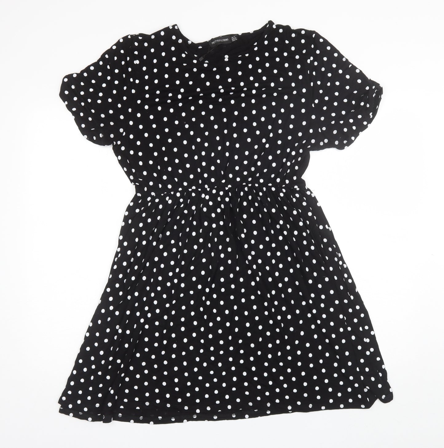 PRETTYLITTLETHING Womens Black Polka Dot Viscose Shift  Size 14  Round Neck
