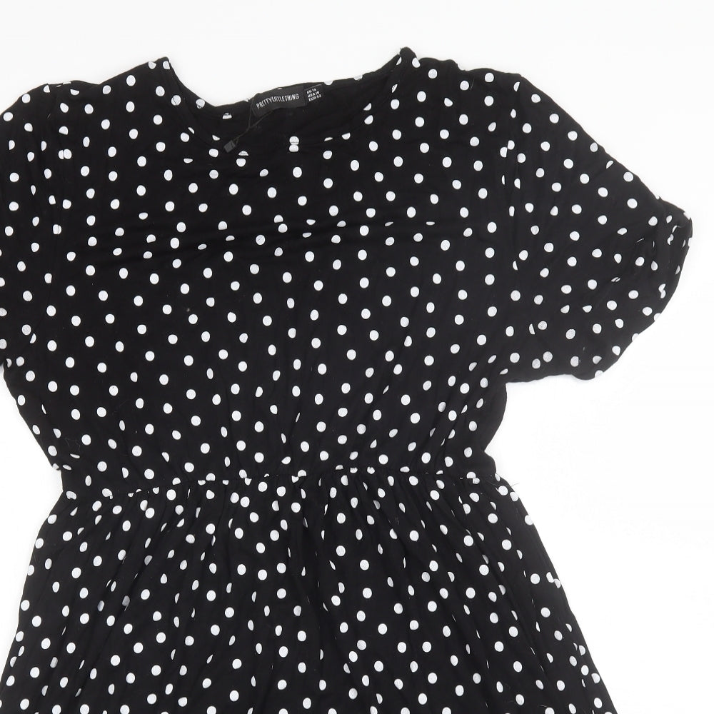 PRETTYLITTLETHING Womens Black Polka Dot Viscose Shift  Size 14  Round Neck