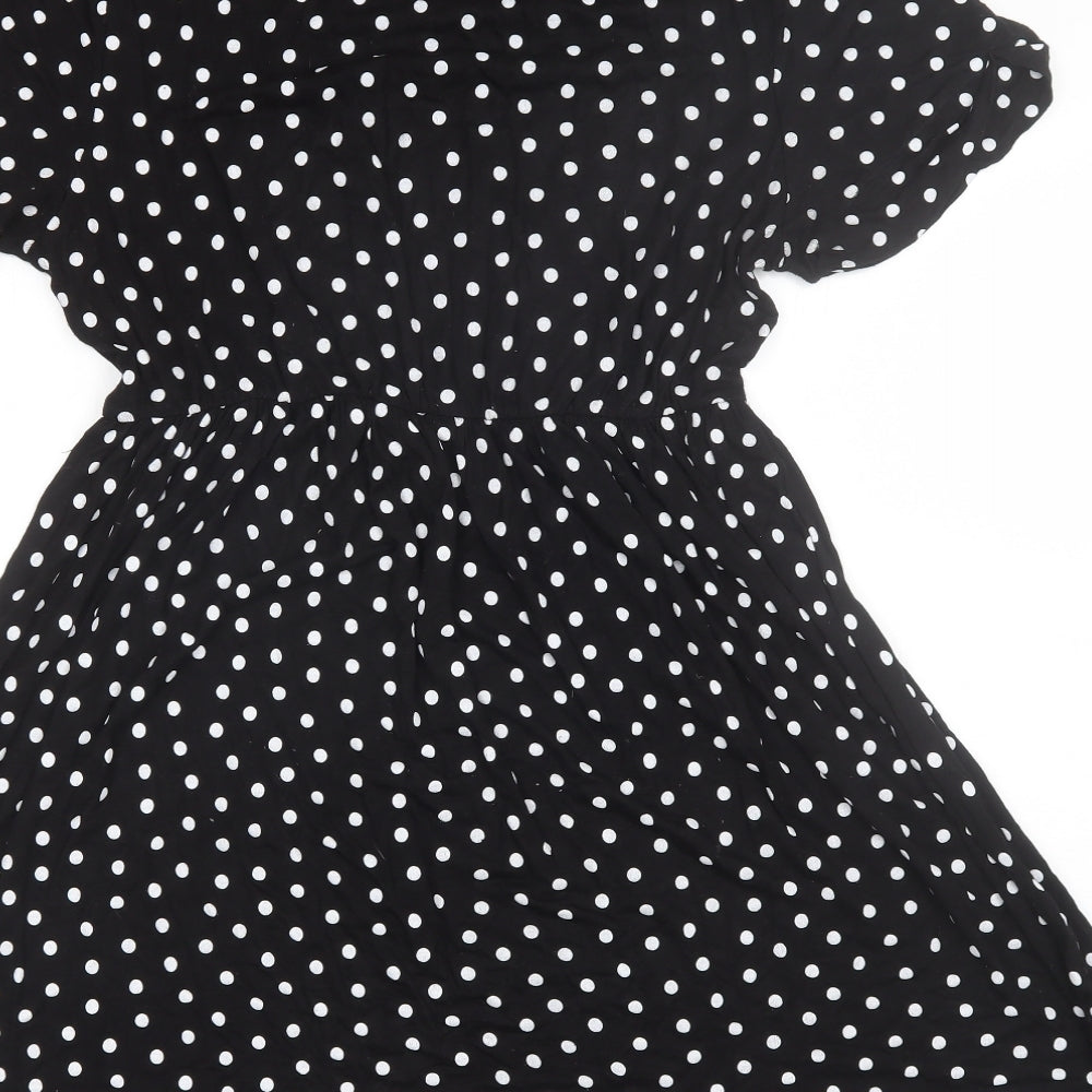 PRETTYLITTLETHING Womens Black Polka Dot Viscose Shift  Size 14  Round Neck