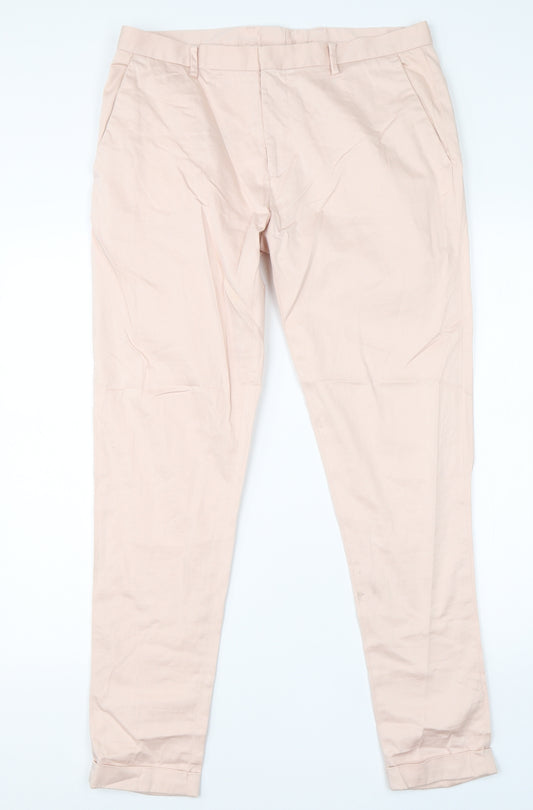 Front view of ASOS women’s pink cotton dress pants trousers, size UK 32, in, 28-inch leg regular