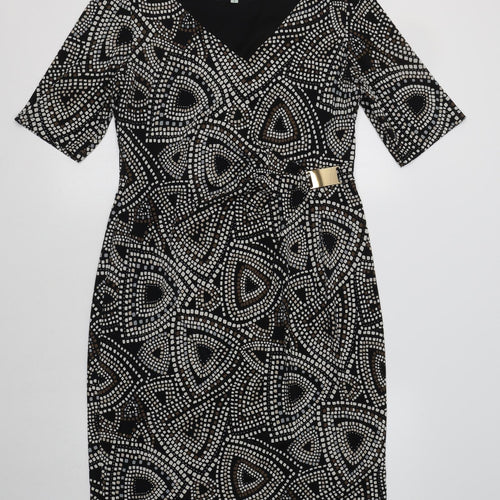 Cleo Womens Black Geometric Polyester A-Line  Size 10  V-Neck