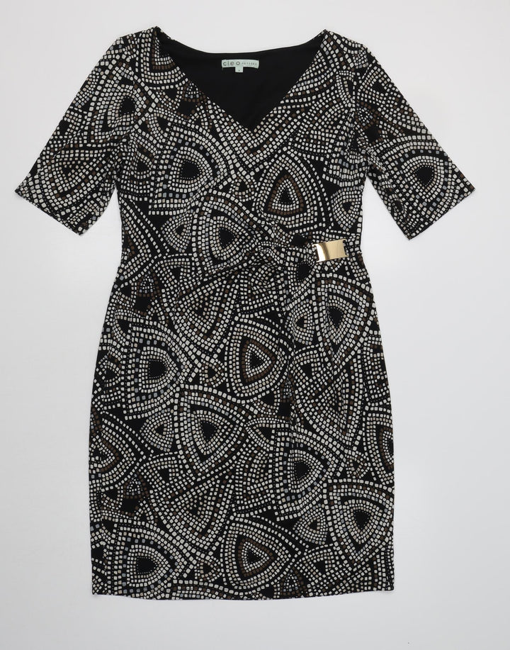 Cleo Womens Black Geometric Polyester A-Line Size 10 V-Neck