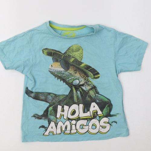 Blue Zoo  Boys Blue  Cotton Basic T-Shirt Size 4-5 Years Crew Neck  - Lizard
