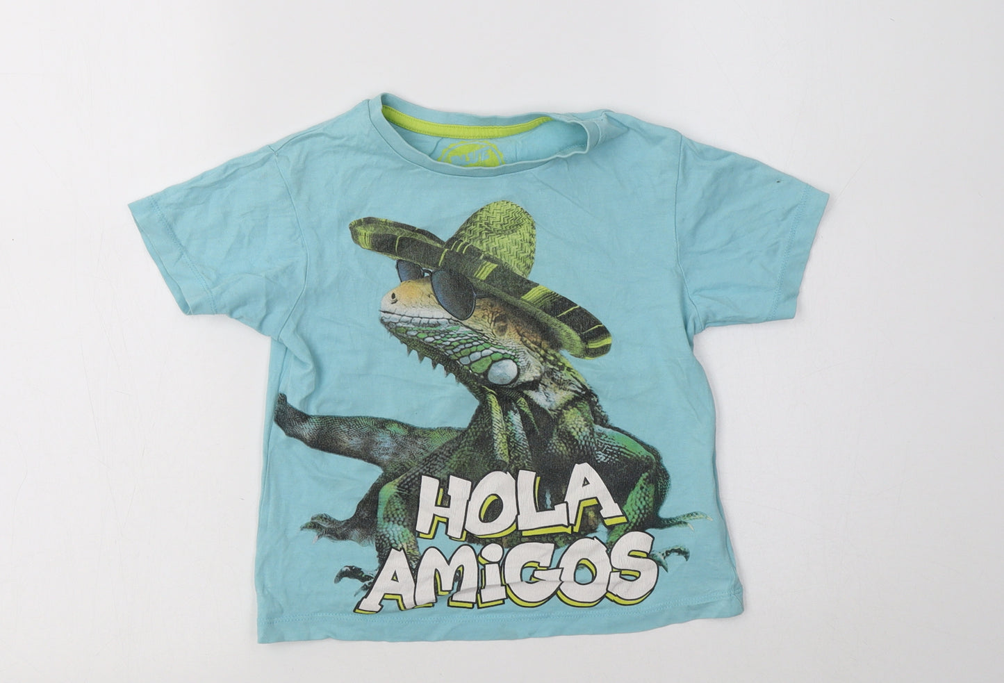 Blue Zoo  Boys Blue  Cotton Basic T-Shirt Size 4-5 Years Crew Neck  - Lizard