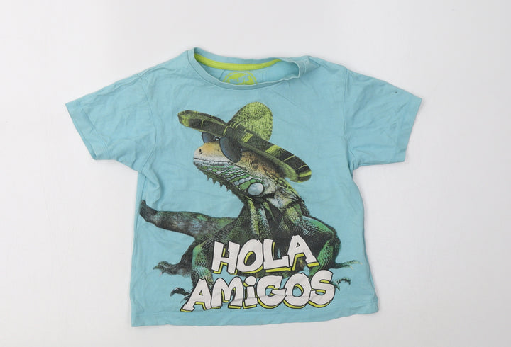 Blue Zoo  Boys Blue  Cotton Basic T-Shirt Size 4-5 Years Crew Neck  - Lizard