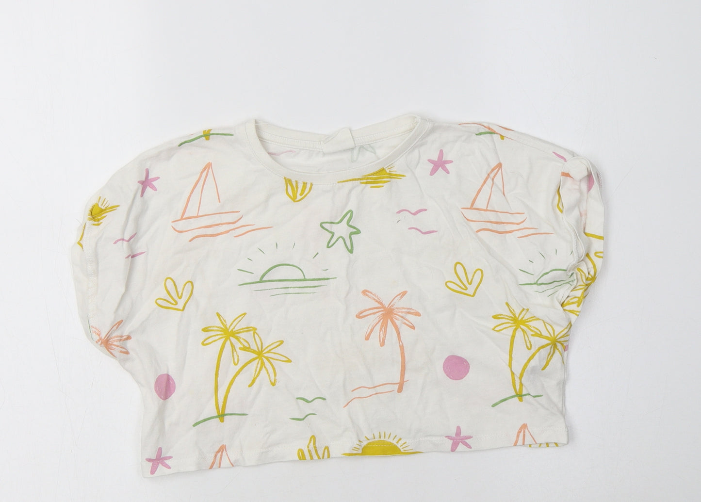 Zara Girls White Geometric Cotton Cropped Polo Size 6 Years Crew Neck  - Palm Tree& Sun Print