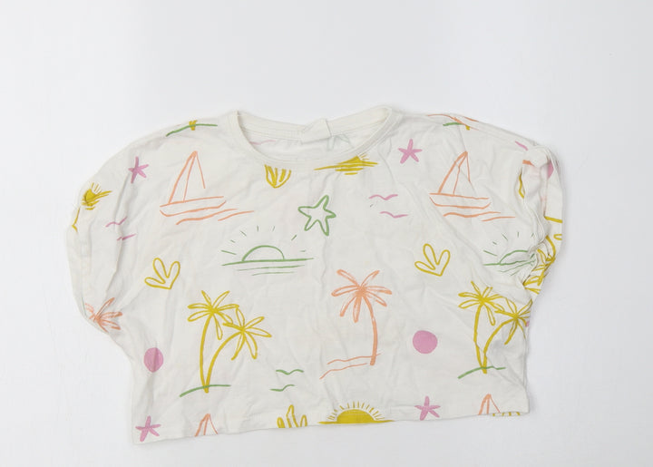 Zara Girls White Geometric Cotton Cropped Polo Size 6 Years Crew Neck  - Palm Tree& Sun Print