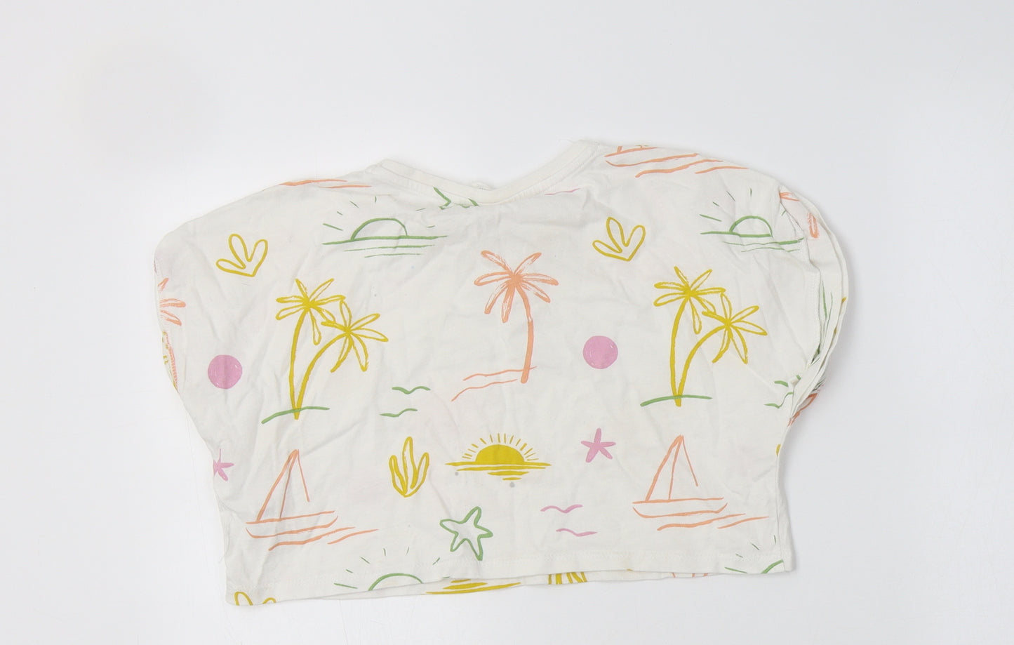 Zara Girls White Geometric Cotton Cropped Polo Size 6 Years Crew Neck  - Palm Tree& Sun Print