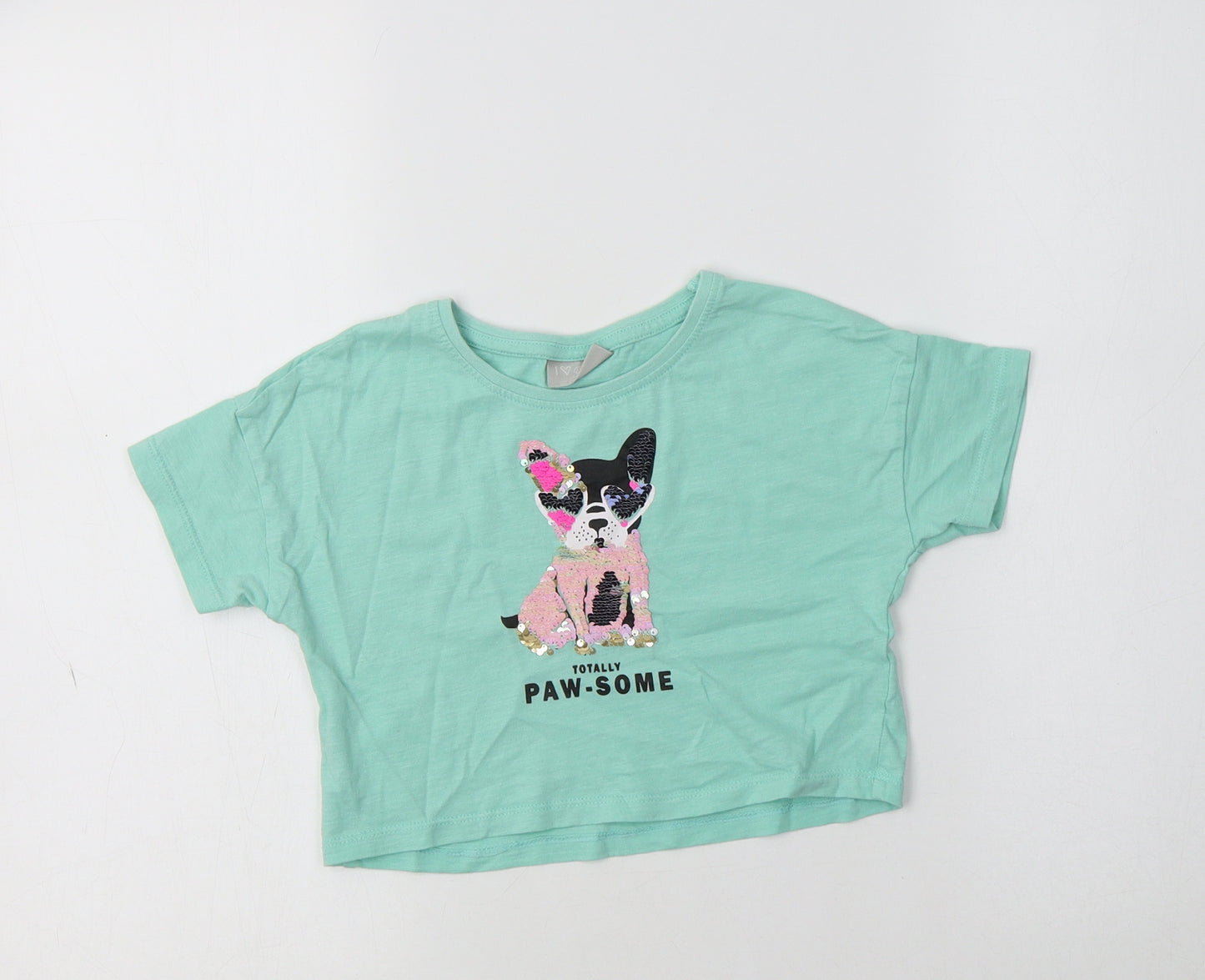 Matalan Girls Green  Cotton Cropped T-Shirt Size 7 Years Crew Neck  - Dog