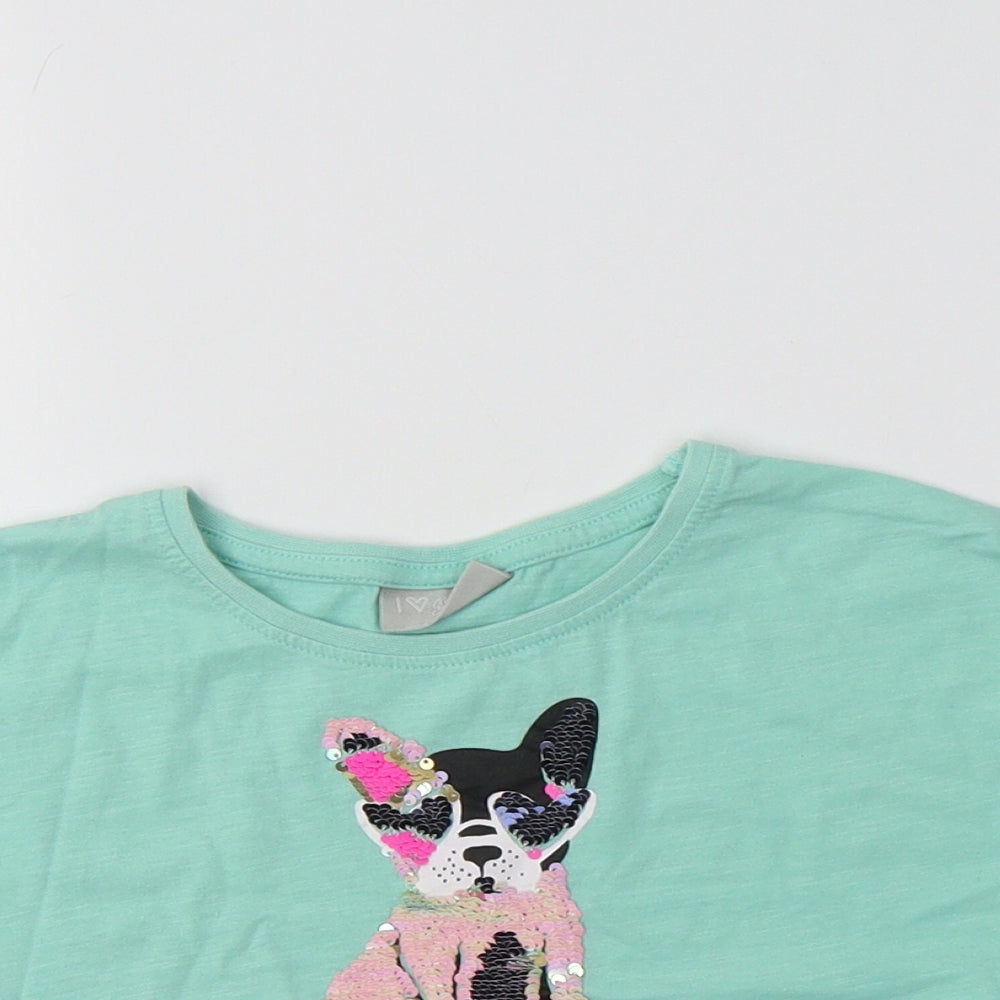 Matalan Girls Green  Cotton Cropped T-Shirt Size 7 Years Crew Neck  - Dog