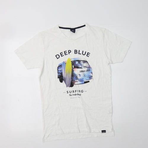 Springfield Womens White  Cotton Basic T-Shirt Size XS Crew Neck - Deep Blue