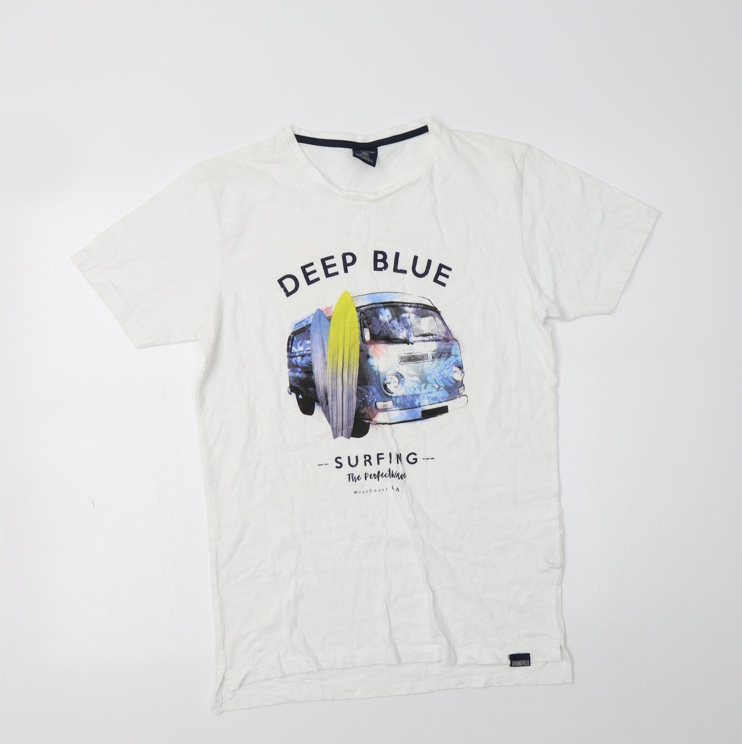 Springfield Womens White  Cotton Basic T-Shirt Size XS Crew Neck - Deep Blue
