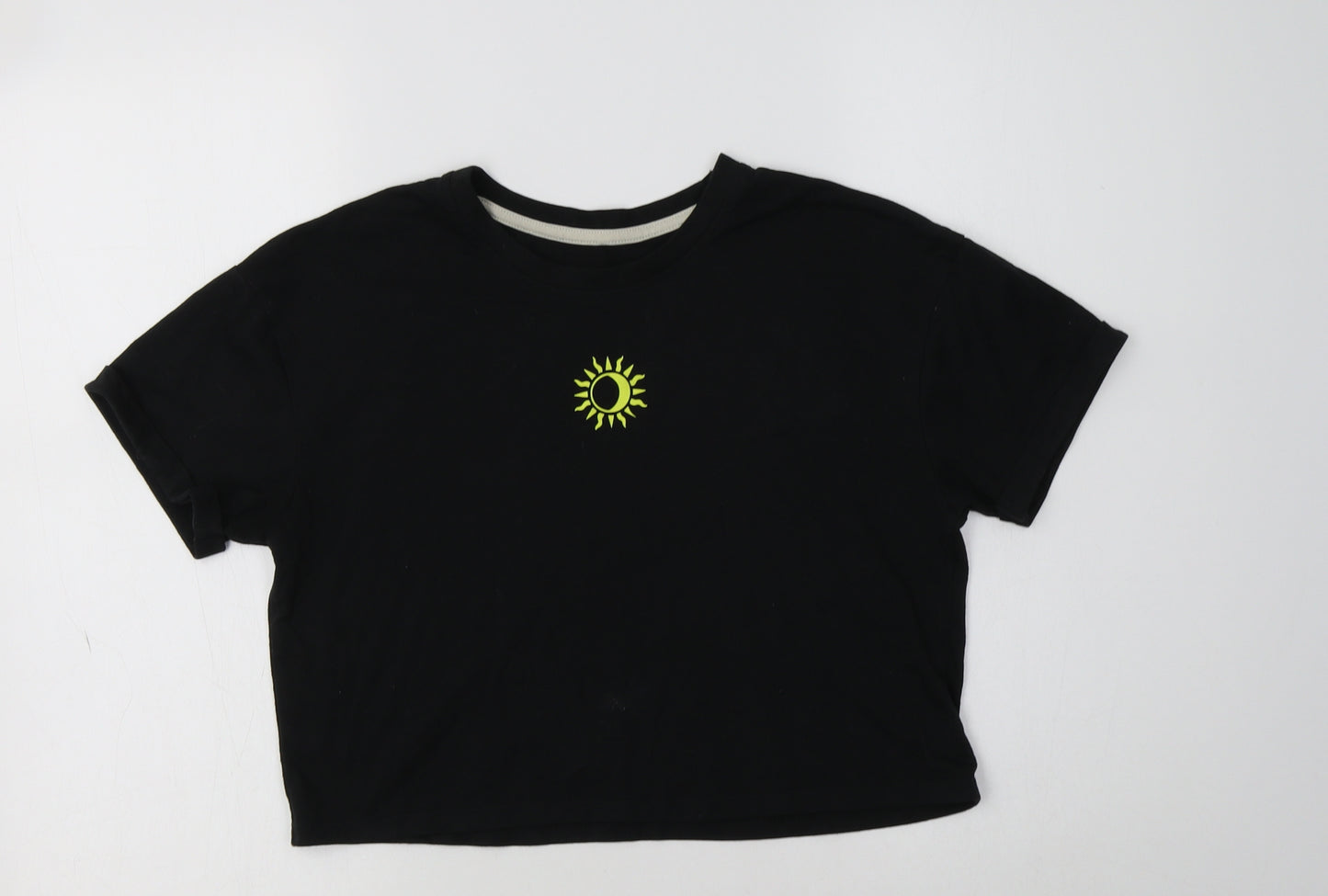 George Girls Black  Cotton Cropped T-Shirt Size 12-13 Years Crew Neck  - Sun