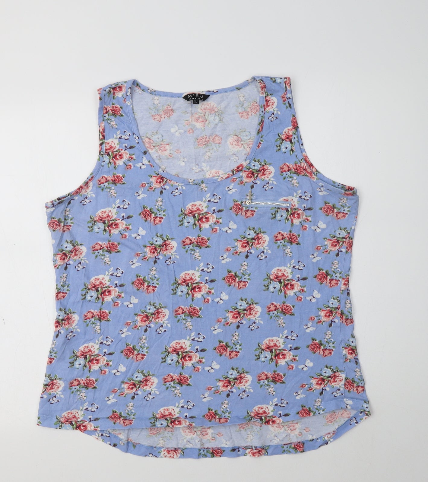 Miso Womens Blue Floral Cotton Basic Tank Size XL Scoop Neck
