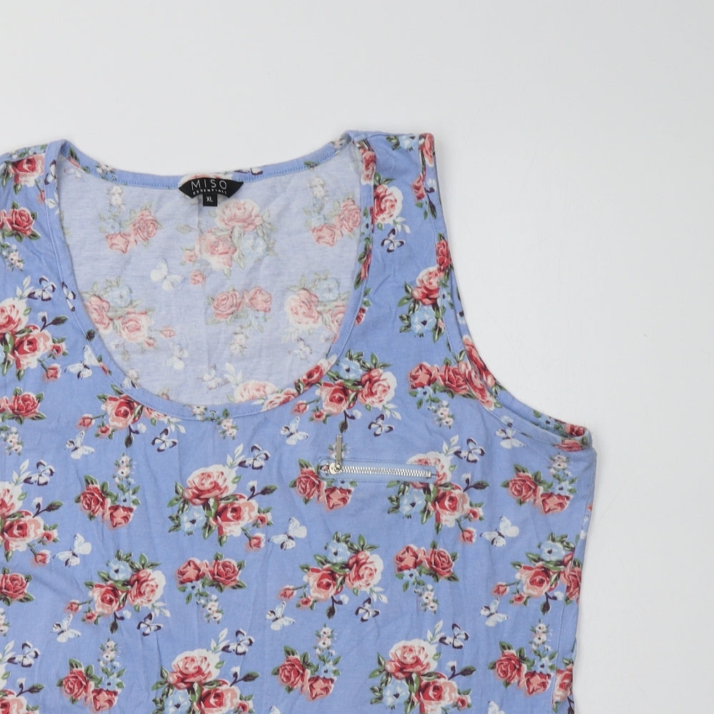 Miso Womens Blue Floral Cotton Basic Tank Size XL Scoop Neck