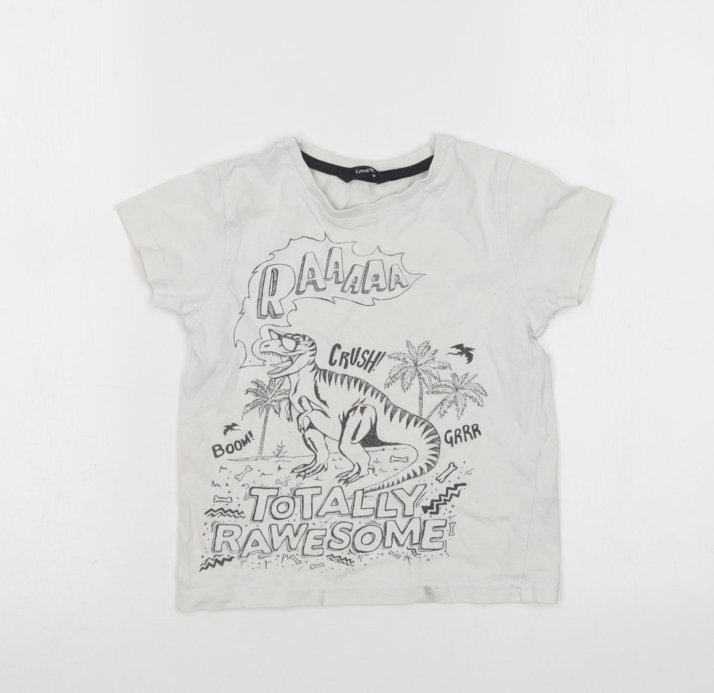 George Boys White  Cotton Basic T-Shirt Size 4-5 Years Round Neck  - Dinosaur