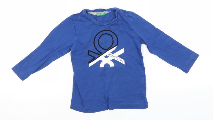 United Colors of Benetton Boys Blue Cotton Basic T-Shirt Size 2 Years Round Neck