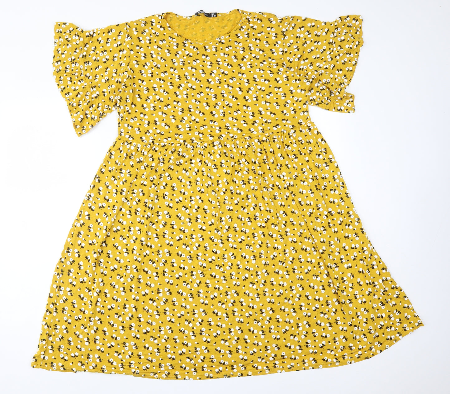 Boohoo Womens Yellow Floral Viscose Skater Dress  Size 16  Round Neck