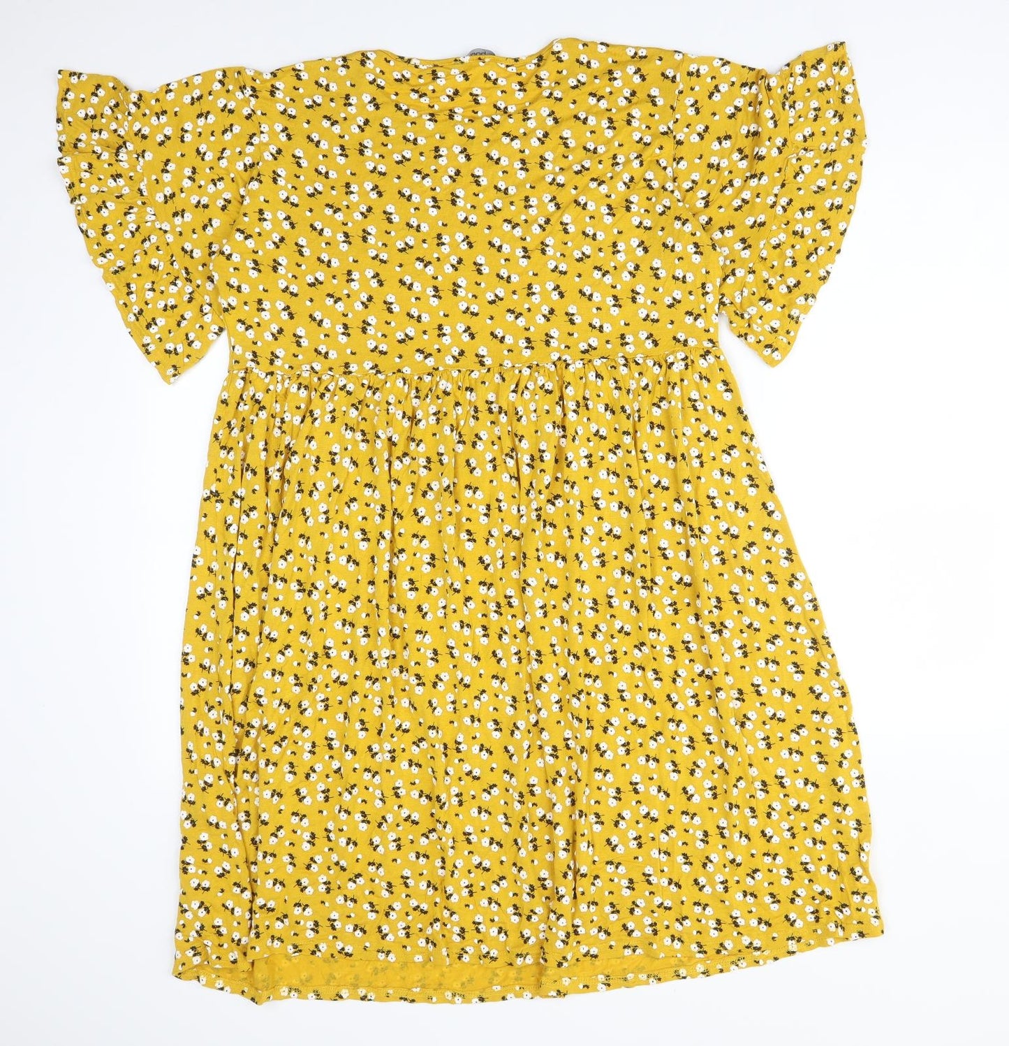 Boohoo Womens Yellow Floral Viscose Skater Dress  Size 16  Round Neck