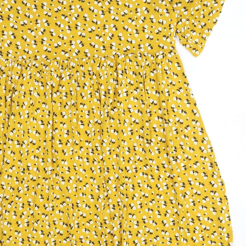 Boohoo Womens Yellow Floral Viscose Skater Dress  Size 16  Round Neck