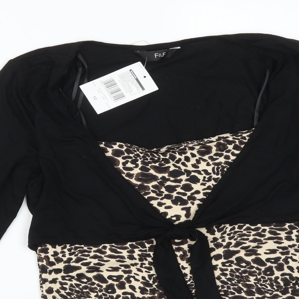F&F Womens Multicoloured Animal Print Viscose Basic T-Shirt Size 10 Round Neck