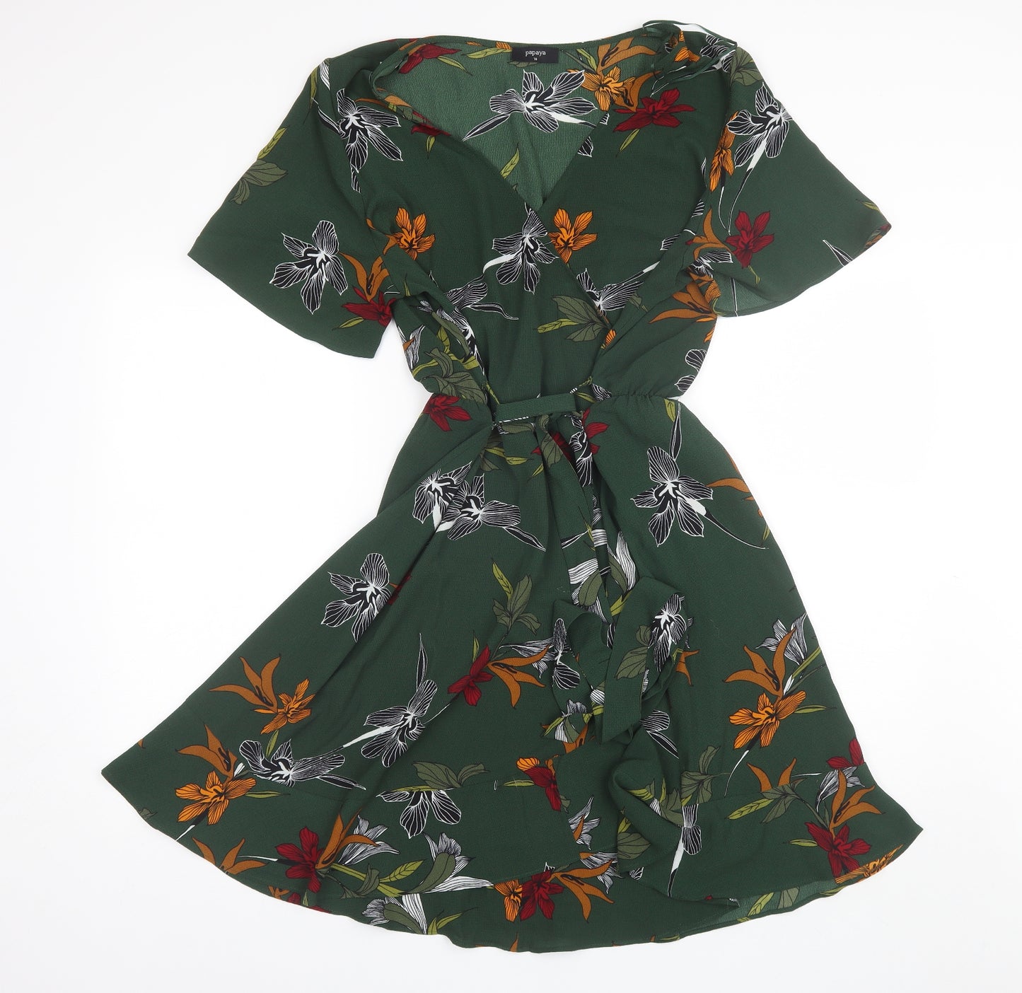 Papaya Womens Green Floral Polyester Wrap Dress  Size 18  V-Neck