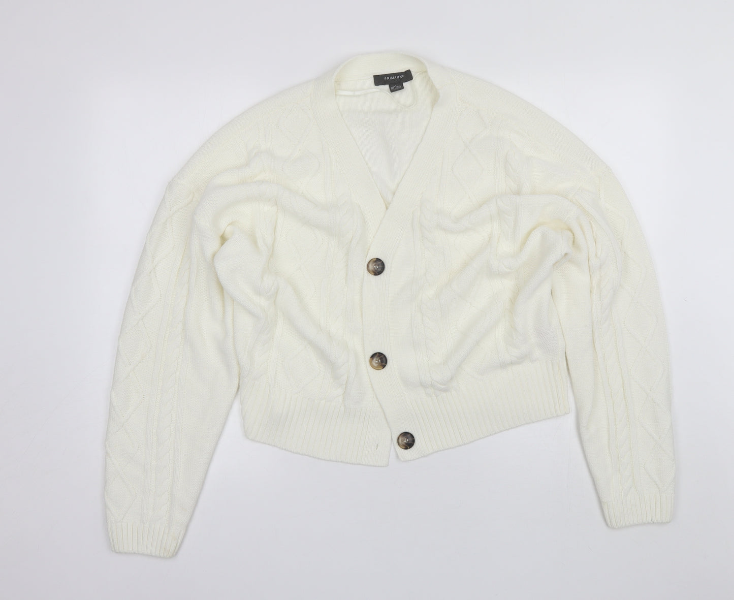 Primark Womens White V-Neck  Acrylic Cardigan Jumper Size L