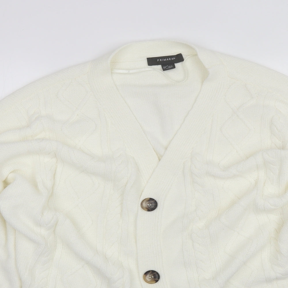 Primark Womens White V-Neck  Acrylic Cardigan Jumper Size L