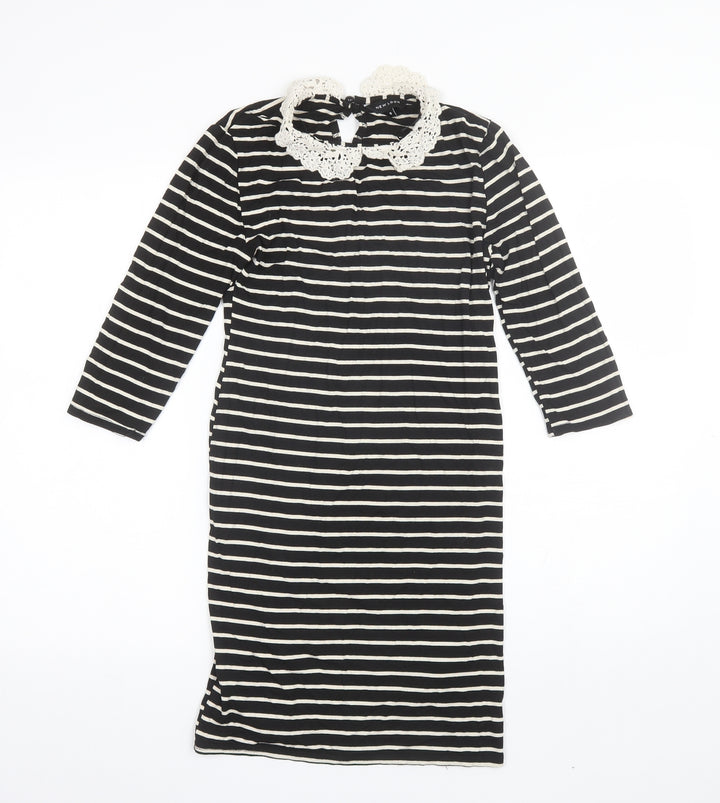 New Look Womens Black Striped Viscose Shift Size 8 Collared