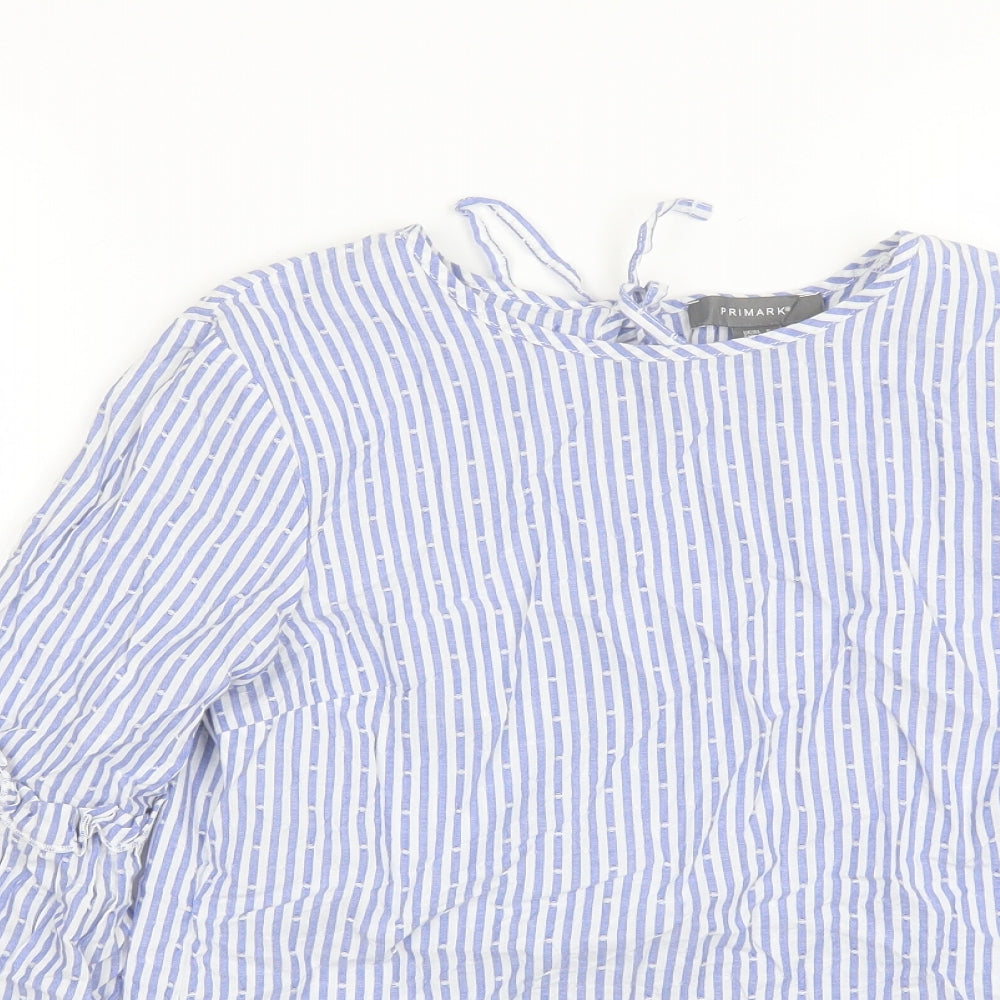Primark Womens Blue Striped Cotton Basic Blouse Size 8 Round Neck