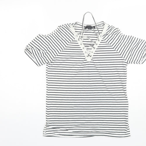 Atmosphere Womens White Striped Polyester Basic T-Shirt Size 6 V-Neck