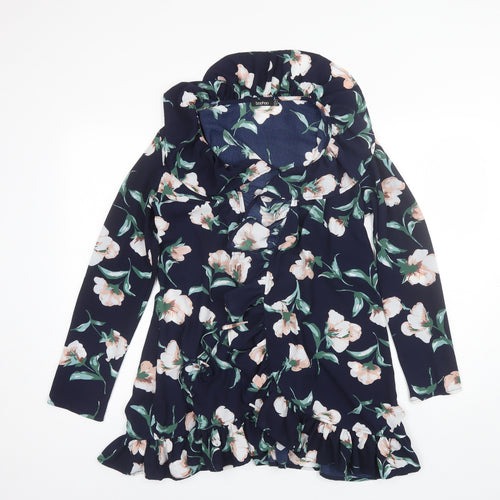 Boohoo Womens Blue Collared Floral Polyester Shrug Jumper Size 10