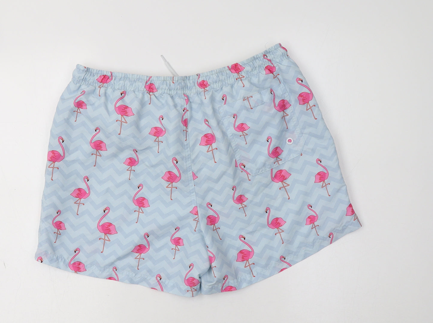 Primark Mens Blue Geometric Polyester Bermuda Shorts Size M L6 in Regular  - Flamingo Print