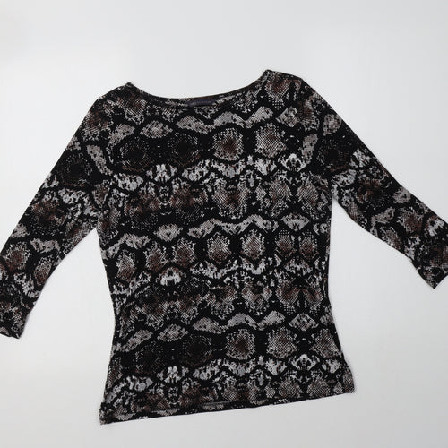 M&S Womens Black Animal Print Viscose Basic Blouse Size 12 Boat Neck