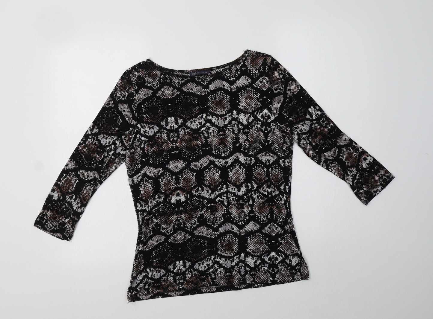 M&S Womens Black Animal Print Viscose Basic Blouse Size 12 Boat Neck