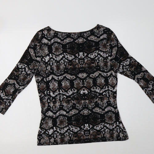 M&S Womens Black Animal Print Viscose Basic Blouse Size 12 Boat Neck