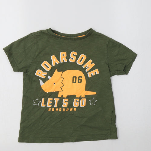 F&F Boys Green  Cotton Basic T-Shirt Size 5-6 Years Crew Neck  - Dino