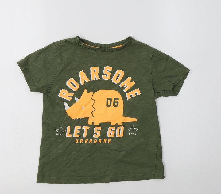 F&F Boys Green Cotton Basic T-Shirt Size 5-6 Years Crew Neck - Dino