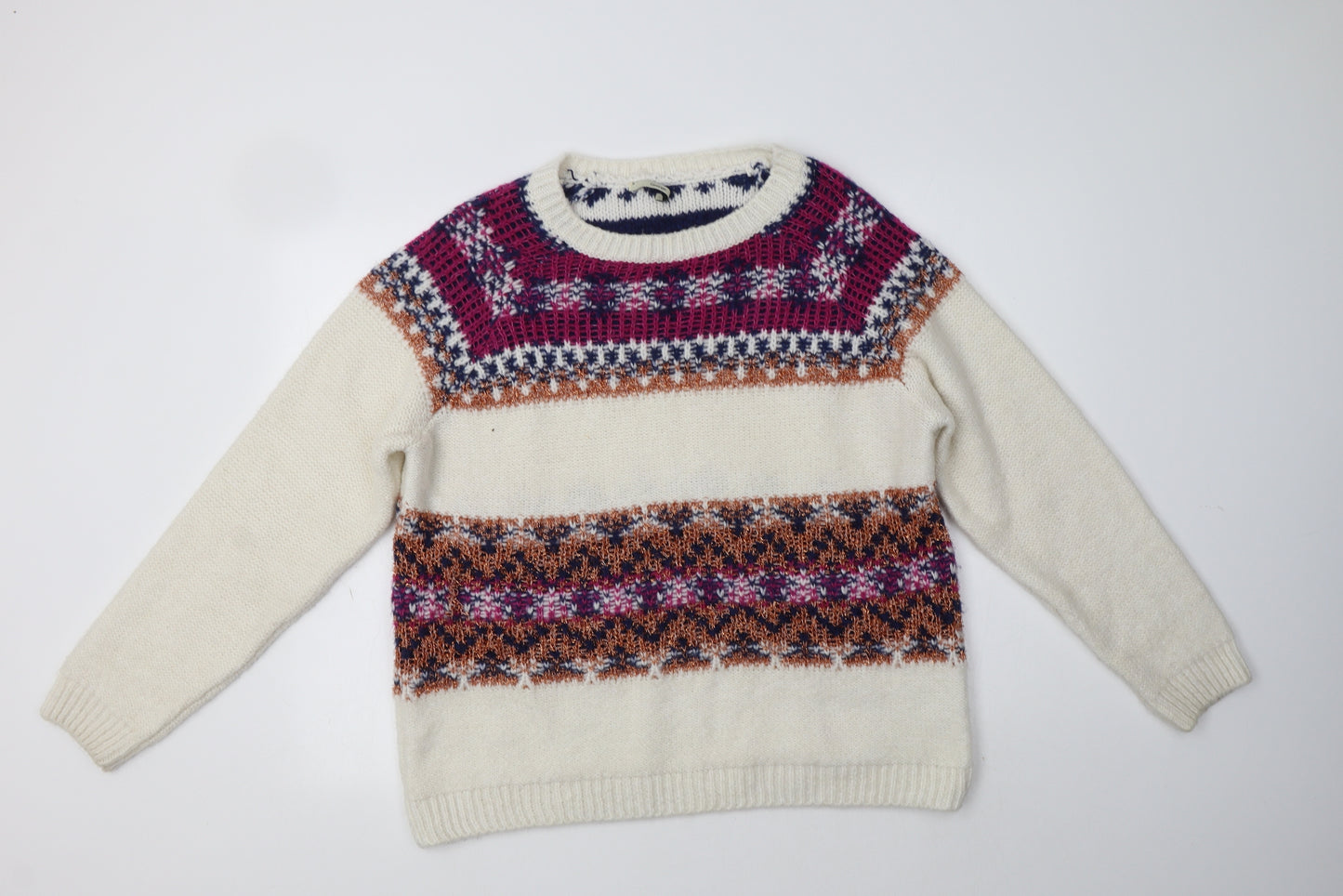 George Womens Ivory Crew Neck Fair Isle Acrylic Pullover Jumper Size 20
